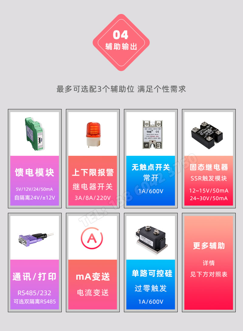 3個輔助輸出位，報警開關(guān)量、RS485/232通訊、饋電、電流變送