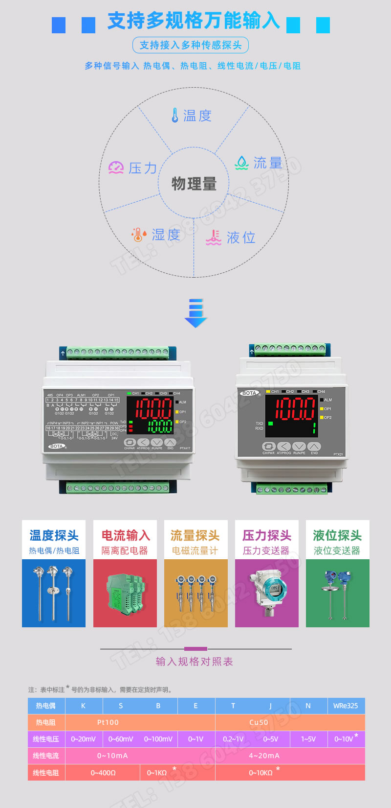 萬能輸入；支持溫度、流量、液位等線性mA電流/線性電壓/線性電阻