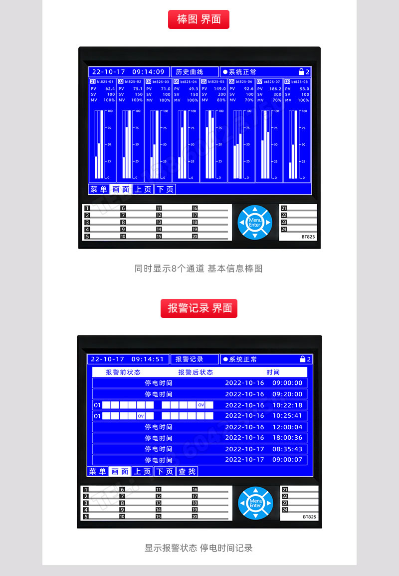 棒圖展示、報警狀態(tài)/停電狀態(tài)信息展示